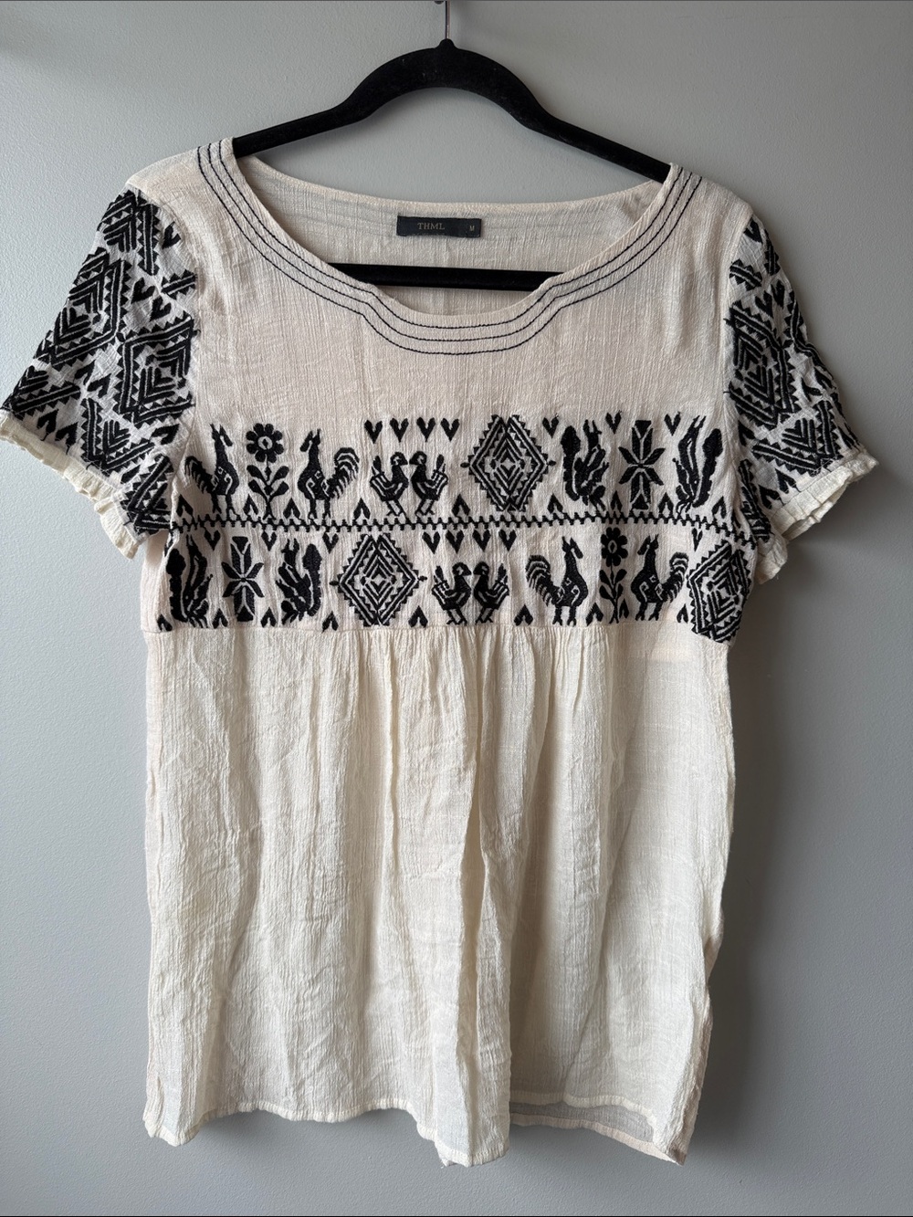 THML Ivory Tunic with Black Folk Embroidery bird hearts chicken adorable